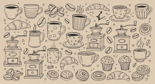 Hand drawn coffee and pastry elements including cups, beans, grinders, croissants and donuts sketch art