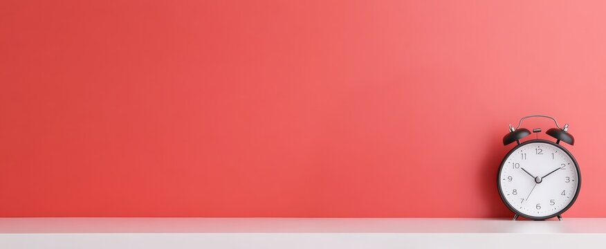 Black alarm clock sitting on a white desk against a vibrant coral wall, offering ample copy space for text or graphics