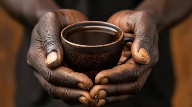Warm Embrace: A pair of weathered hands cradles a rustic coffee cup, offering a moment of warmth and introspection. The rich, dark brew contrasts against the skin.