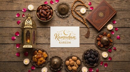Celebrate the holy month of Ramadan with traditional dates, lantern, and the Quran book, a serene scene perfect for greeting cards and festive occasions