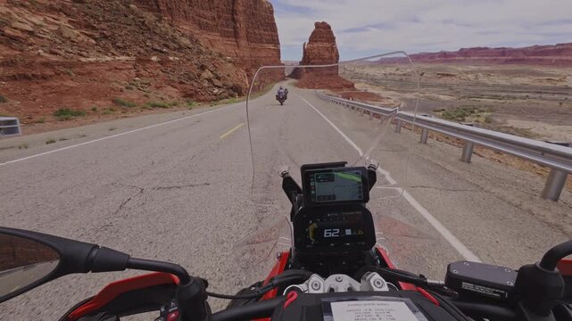A first person view, POV, of a motorcyclist