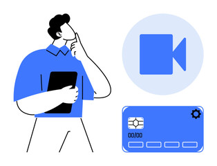 Man with a tablet pondering video integration and online payment system. Ideal for digital tech, online services, innovation, strategy, fintech, communication, simple flat metaphor