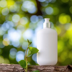 White Lotion Bottle Surrounded by Lush Green Leaves and Soft Blurred Background in Nature
