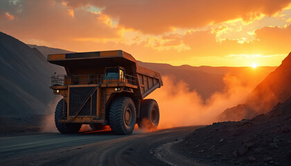 Big yellow mining truck works on coal mine at sunset. Heavy machinery digs in quarry. Open pit with dust. Industrial equipment transports ore on dirt road.