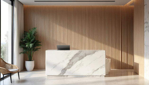 Modern luxury reception area interior. White marble counter desk sits before wood slat wall. Bright clinic space features large window with natural light. Tall green plant decorates corner. Clean pro