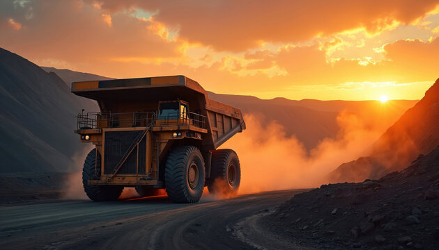 Big yellow mining truck works on coal mine at sunset. Heavy machinery digs in quarry. Open pit with dust. Industrial equipment transports ore on dirt road. - Powered by Adobe