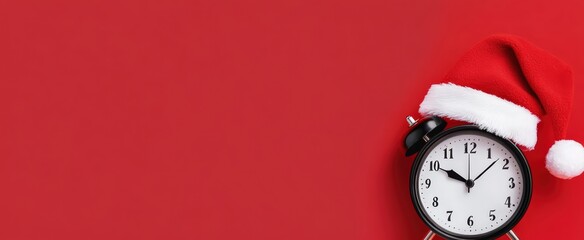 Alarm clock wearing a festive Santa Claus hat, marking the approaching Christmas holiday on a vibrant red background