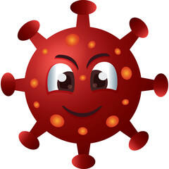 Red cartoon virus character with spiky protrusions and orange glowing spots on its body shows a smiling face with wide eyes and thick eyebrows set against a transparent background with subtle shading
