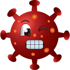 Red Cartoon Virus Character with Winking Eye and Grinning Teeth on Transparent Background
