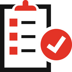 Red Check Mark Affirming A Checklist With Bullet Points On A White Clipboard Object On Transparent Background With Red Circle Icon And Black Border