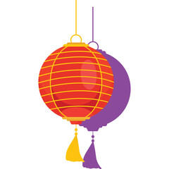 Red Chinese Lantern With Yellow Tassels Hanging With Purple Shadow On White Background Horizontal Orientation Illustration