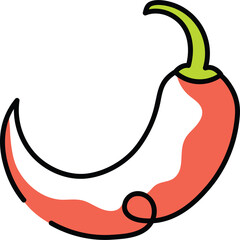 Red chili pepper with green stem and a white interior and outline graphic illustration on a transparent background