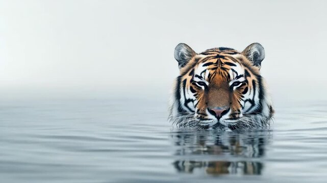 Serene tiger in Water: A striking tiger peers from tranquil water, its gaze a potent mix of focus and composure, framed by an elegant interplay of light and shadow.