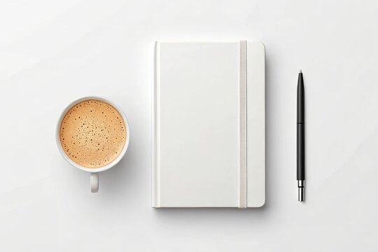 A white notebook and a cup of coffee isolated on white background
