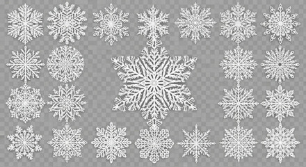 Collection of intricately designed white snowflakes arranged on a transparent background pattern created with generated ai