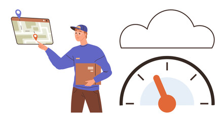 Delivery worker holding parcel points to map with cloud and speed meter elements. Ideal for logistics, delivery tracking, cloud computing, performance analysis, navigation, supply chain, data flow