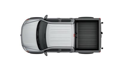 Gray pickup truck, top view, black background