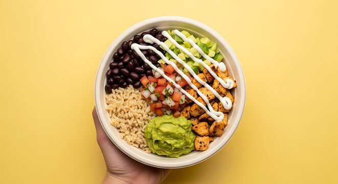 hand holding a burrito bowl