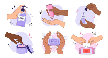 Vector illustrations showcasing diverse hands performing essential hygiene and care routines washing with soap, applying lotion, using sanitizer, and cleaning with wet wipes