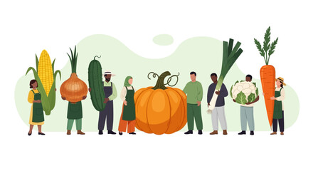 Diverse group of people holding fresh produce at a market stall, promoting healthy eating and community connection