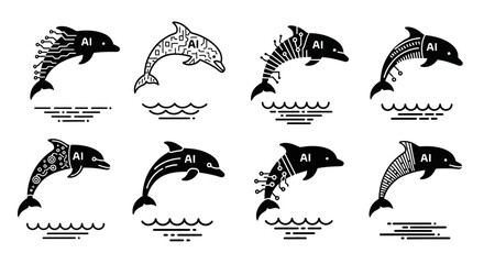 Naklejka premium Dynamic AI dolphins leap through digital waves showcasing intelligent innovation and futuristic technology concepts