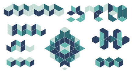 Fototapeta premium Dynamic geometric patterns and abstract 3D shapes in cool blue and green tones, perfect for modern design and branding projects