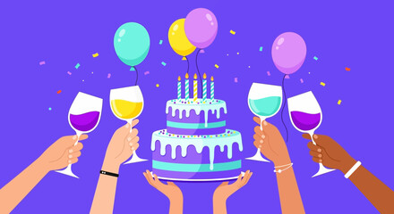 Birthday Celebration with Cake, Balloons, and Toasting Glasses - A Festive Gathering