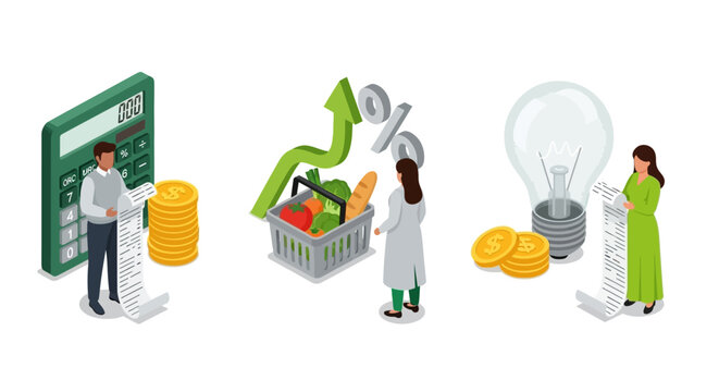 Smart Financial Management Illustration People analyzing personal expenses, grocery costs, and energy bills. Isometric concept of budgeting, cost savings, and economic planning strategies