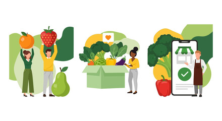 Fresh produce, convenient online shopping, and efficient delivery services for healthy food boxes. A modern grocery experience illustrated
