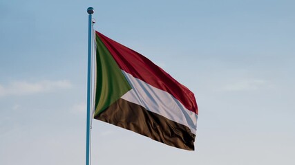 Sudan, Khartoum: Cinematic Waving National Flag Against Blue Sky