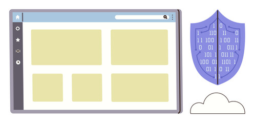 Web browser interface next to shield with binary code and cloud. Ideal for cybersecurity, data protection, privacy, internet safety, cloud computing, encryption, secure browsing. Simple flat metaphor