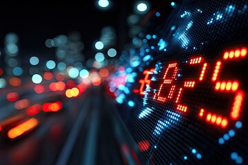 LED display shows red numbers over blurred city lights