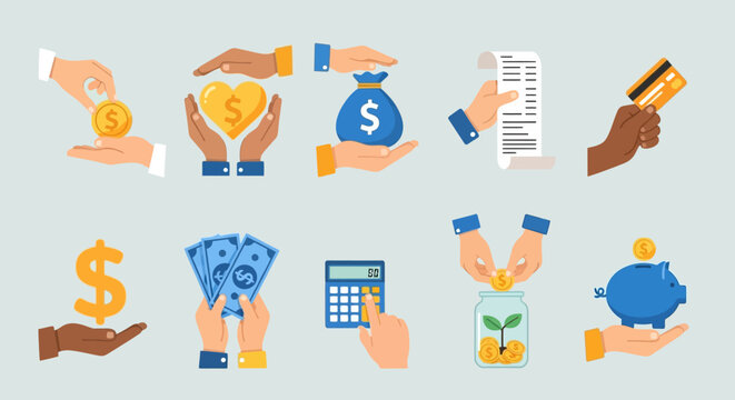 Vector illustration of hands managing financial assets cash, coins, credit cards, and savings tools, symbolizing effective money management, investment, and payment strategies