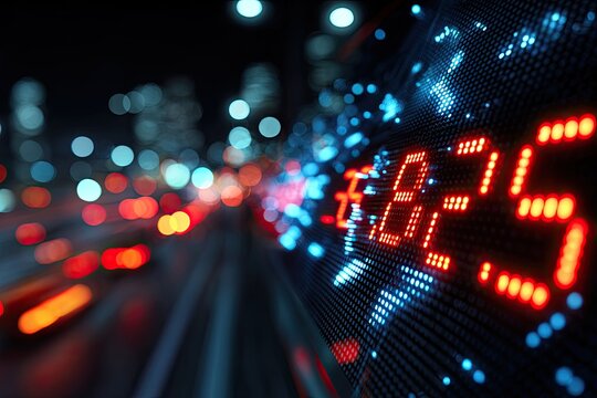 LED display shows red numbers over blurred city lights