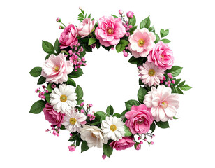 Floral wreath, pink, white flowers, lush greenery on black