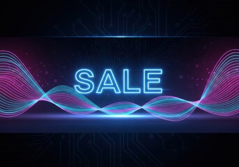 Neon Glow 'SALE' Banner with Digital Pink and Blue Wave Background