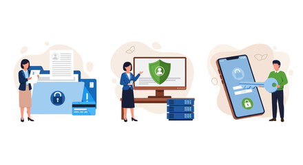 A set of flat vector illustrations showcasing modern concepts of data security, including private information protection, network cybersecurity, and secure mobile authentication