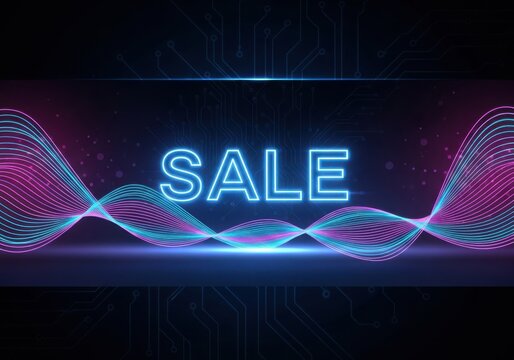 Neon Glow 'SALE' Banner with Digital Pink and Blue Wave Background