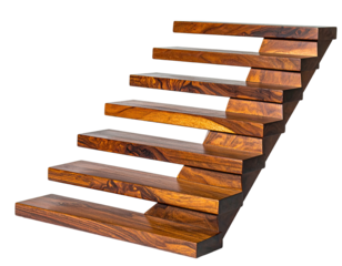 Wooden cantilever stairs rise. Isolated on black