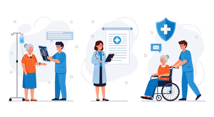 Medical professionals assisting patients with healthcare services, consultations, and mobility support