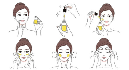 Fototapeta premium Step-by-step guide to applying facial serum for a glowing complexion and healthy skin