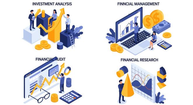 Comprehensive isometric vector illustrations depicting financial analysis, strategic management, thorough auditing, and insightful research for business growth and investment planning