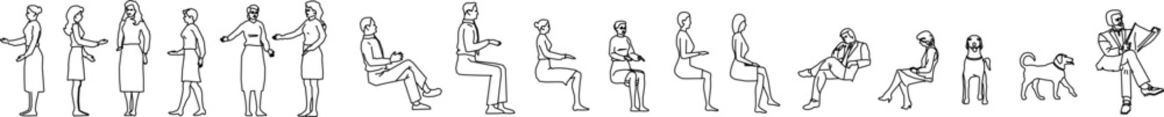 Vector line drawings of people in standing and seated positions, including a dog, used for architectural interior scale and cross-section details.