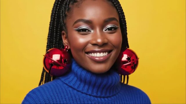 Happy african american woman with braids wearing large red jingle bell earrings and blue sweater posing against yellow studio background in festive fashion style
