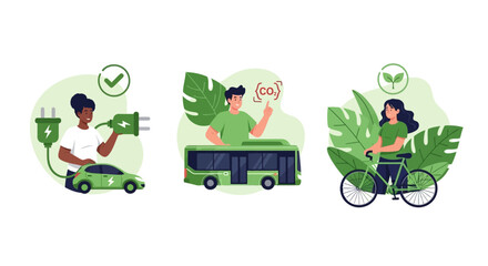 Illustrations of sustainable urban living and green transportation solutions, showcasing electric vehicle charging, public bus transit, and bicycle commuting for an eco-conscious future
