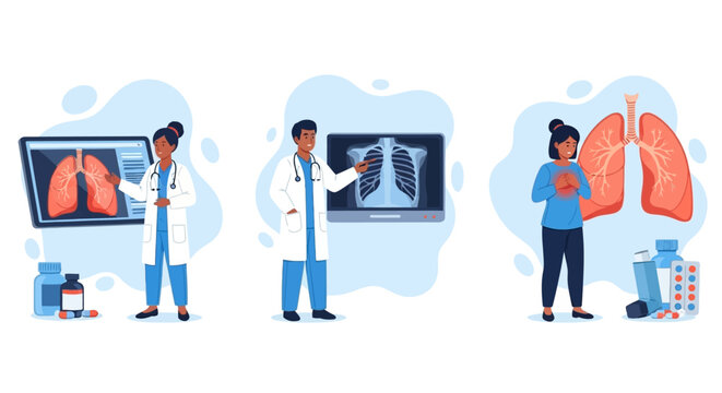 A medical vector collection on pulmonology concepts, showing physician consultation, chest x-ray diagnosis, and respiratory treatment