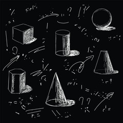 white doodle line art of geometric 3D shapes on black background, hand-drawn sketch style, cubes, sphere, cone, cylinder, pyramid, arrows, simple math symbols, chaotic composition, uneven pencilMobile
