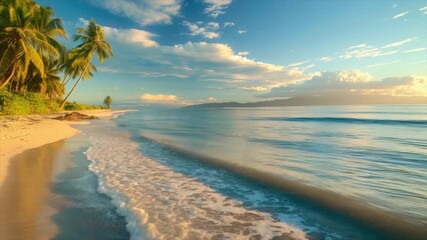 Tropical beach with palm trees and turquoise water in ocean. Paradise island on sunny day. Trip, travel and vacation concept - Powered by Adobe