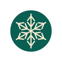 Green circle sticker with snow flake line icon. White snowflake for xmas label and holiday decoration. Winter symbol and christmas label, perfect for box festive use.