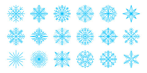 Winter snowflake collection with blue geometric snowflakes and star patterns in clean seasonal vector style